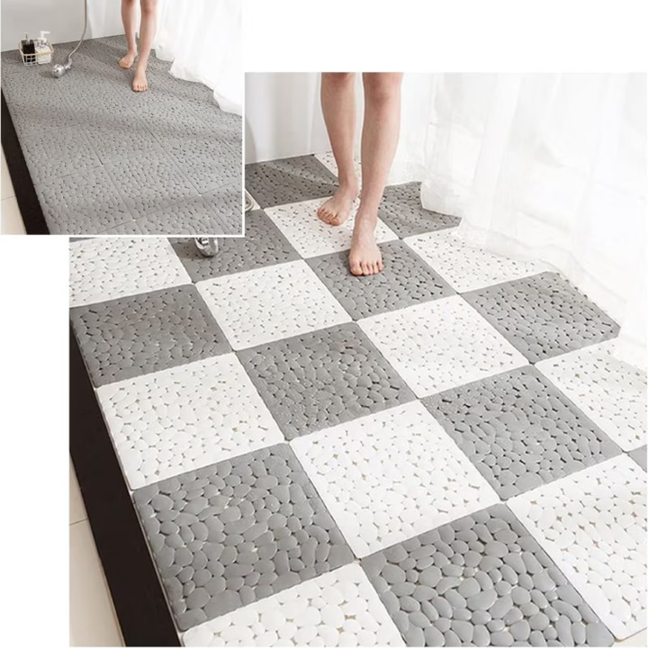 Set 4 covoare antiderapante, 4 bucati, LuckyLu®, rezistente la apa, ideale pentru bai si zone umede, gri - alb, 30x30cm