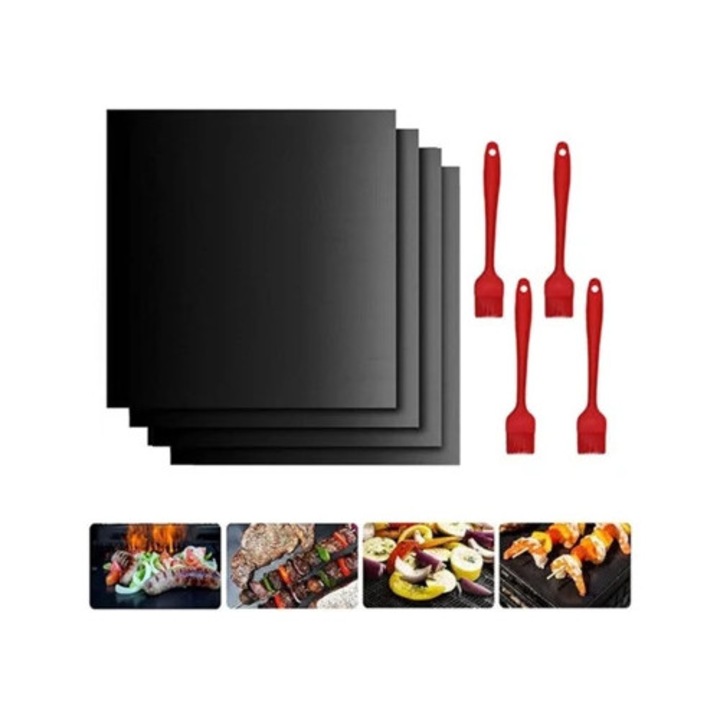 Set 4 pensule si 4 covorase pentru gratar, fibra de sticla, rezistente la temperaturi ridicate, negru/rosu, 400x330x0.2mm