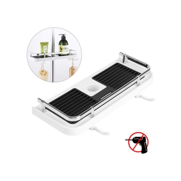 Suport de dus din otel inoxidabil, cu sina, 2 carlige, suport pentru sapun si sampon, fara gaurire, M