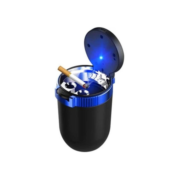 Scrumiera auto cu capac, design pop-up, iluminare LED albastra, liner din inox detasabil