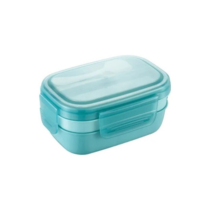 Cutie alimentară bento compartimentată, 3 compartimente, cu ustensile integrate, portabilă