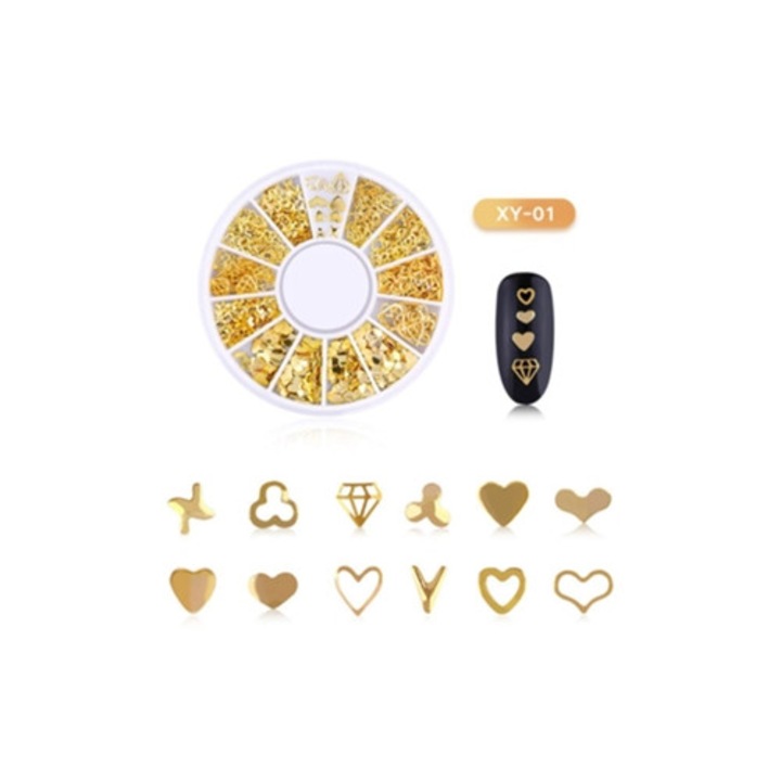 Cutie cu strasuri 3D pentru unghii, diverse dimensiuni, metal auriu