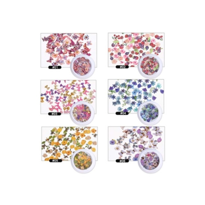 Set 6 Cutii Strasuri 3D pentru Unghii, Flori si Frunze Simulate