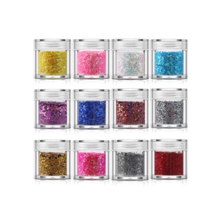 Pudra de sclipici pentru slime si mestesuguri, set 12 culori asortate, rezistenta la solventi