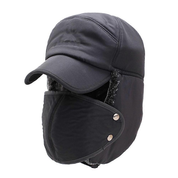 Унисекс зимна шапка с уши от изкуствена кожа и маска, сива, 56-60см