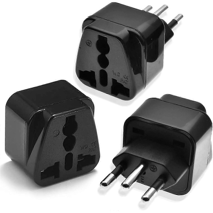 Set 3 adaptoare de priza UK la Elvetia, tip J, compact, 4x4x6.3cm, 30g, alb-negru