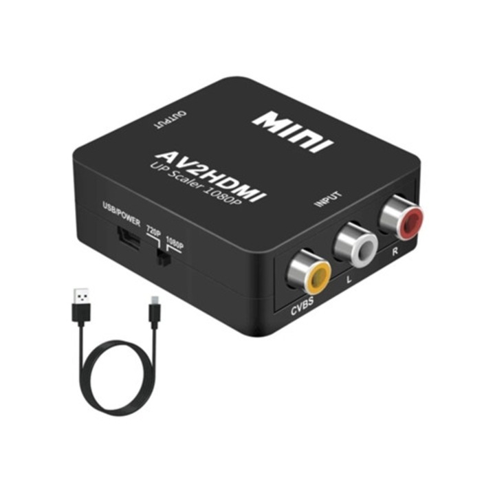 Adaptor RCA AV la HDMI 1080p, set, pentru PC, Xbox, PS4, TV, STB, VHS, VCR, PAL/NTSC, negru