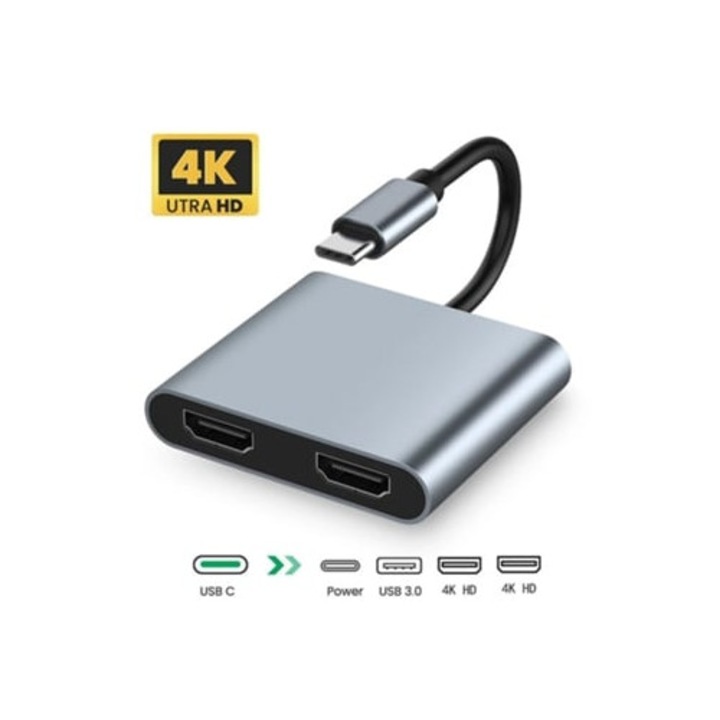 Statie de andocare 4 in 1, dual HD 4K, USB 3.0, incarcare rapida, gri