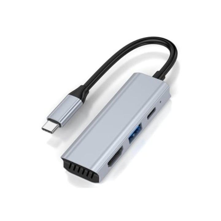 USB hub 4K, 3 az 1-ben, szürke