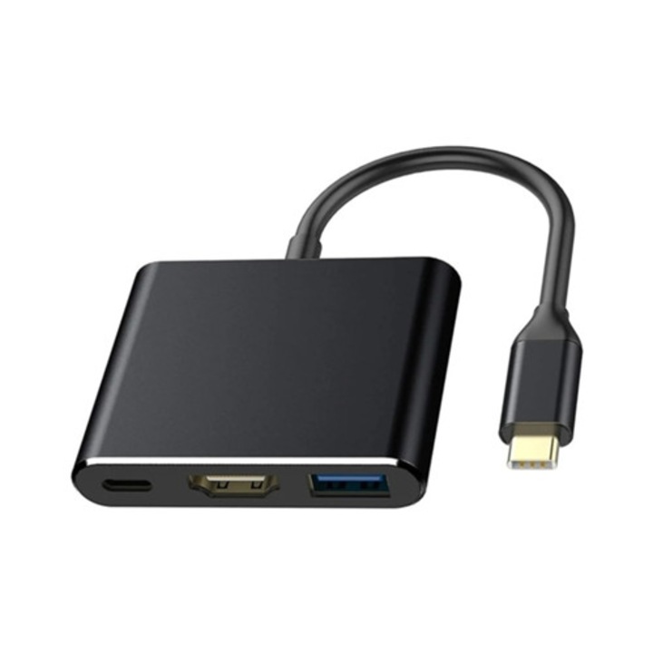USB C - HDMI 4K adapter, 3 az 1-ben hub, HDMI kimenet, USB 3.0 port, fekete