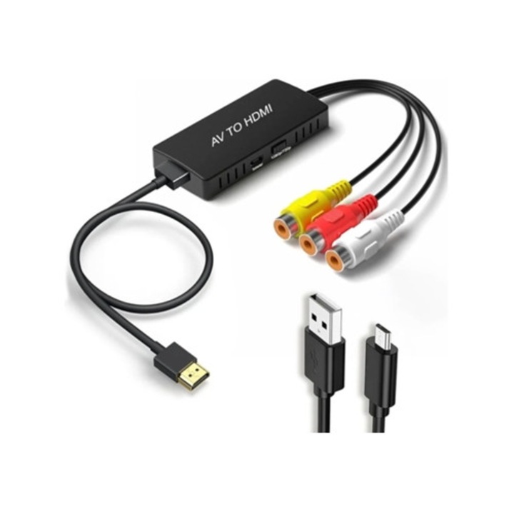 Adaptor RCA AV Composite CVBS la HDMI 1080p, compatibil PAL/NTSC, pentru PC, laptop, PS2/PS3, Xbox, N64, STB, VHS/VCR, DVD