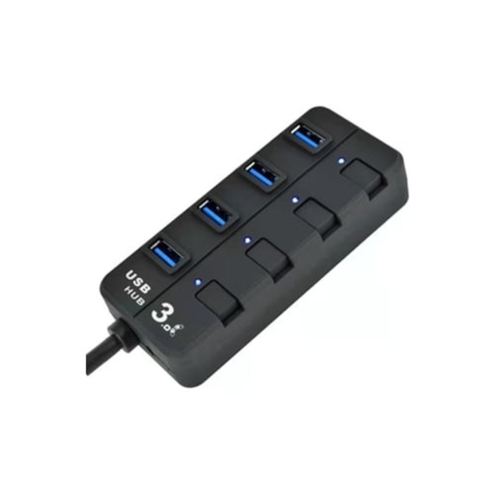 USB 3.0 elosztó 4 porttal, jelzőfénnyel, fekete