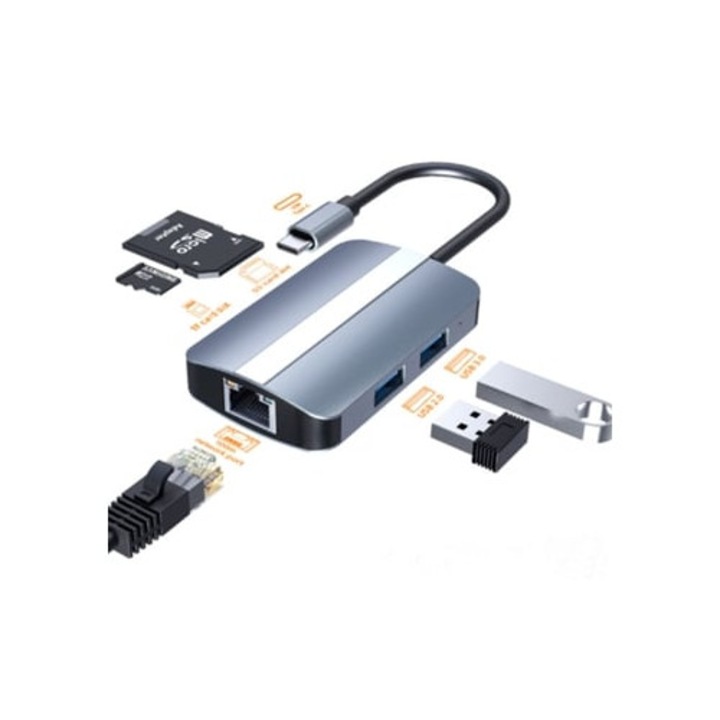 Statie de andocare Bestvite Five-in-One USB 3.0 Hub pentru Apple Type C la RJ45, gri