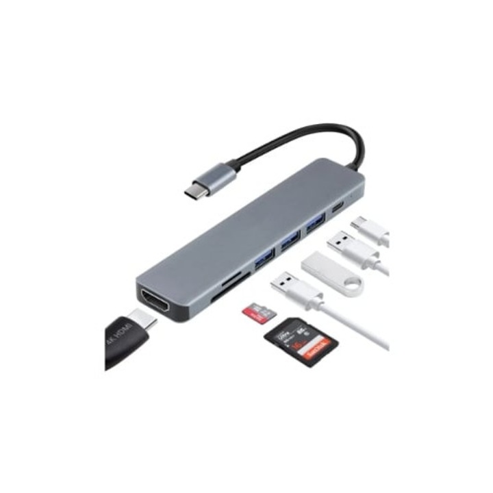 USB C Hub 7 az 1-ben, HDMI 4K, SD/TF olvasó, 2 USB, 87W PD, fekete