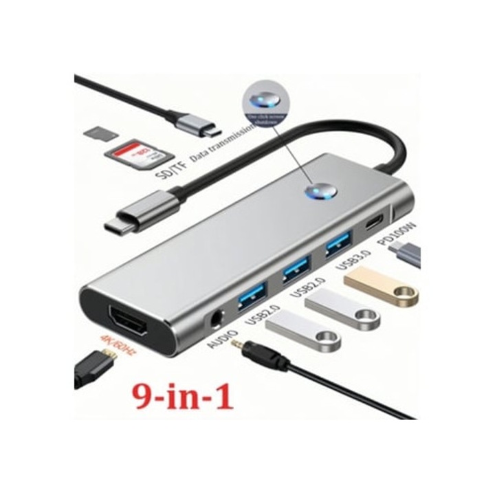 Statie de andocare 9 in 1, HDMI 4K 60Hz, USB 3.0, gri, dimensiuni compacte