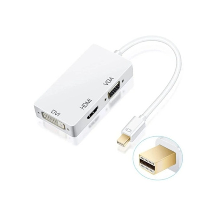 Cablu adaptor Mini Displayport 3-in-1 si Thunderbolt la HDMI DVI VGA, rezolutie 4k x 2k, compatibil 3D,