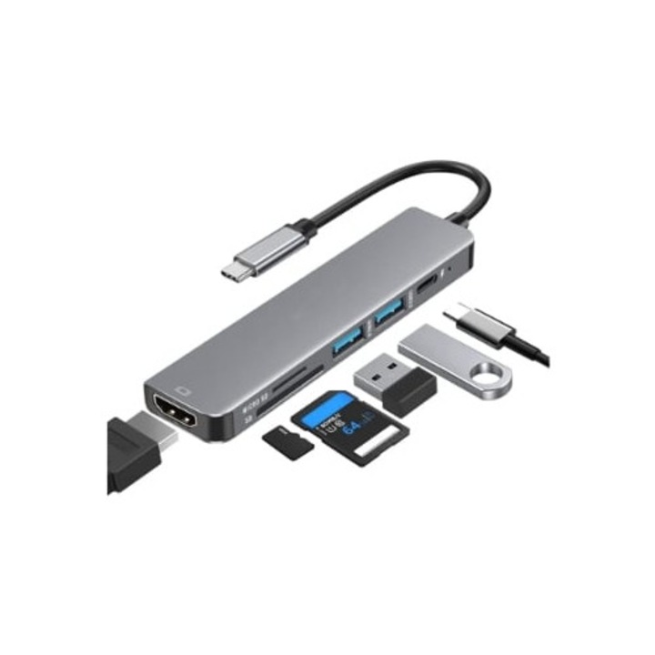USB C Hub 6 az 1-ben, HDMI 4K, 1 USB 3.0, 1 USB 2.0, Micro SD/SD kártyaolvasó, fekete