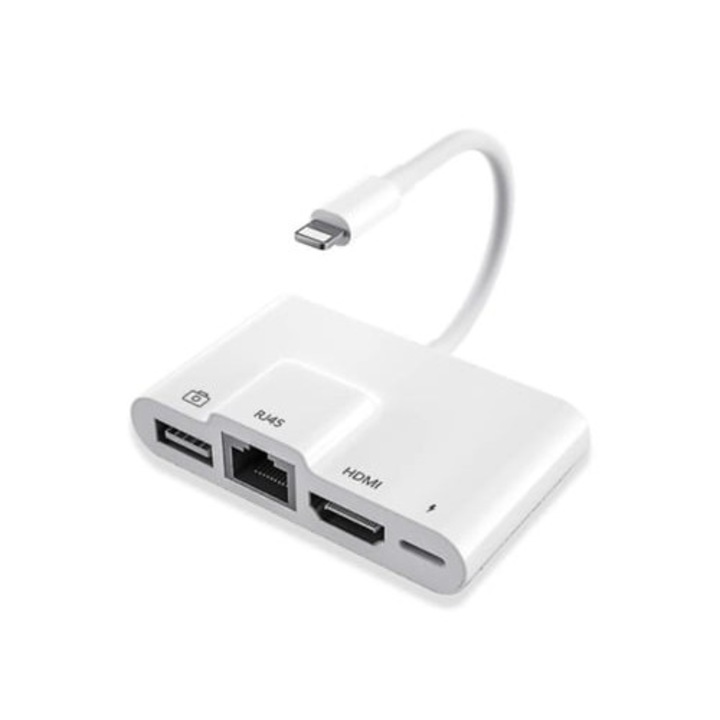 Adaptor 4-in-1 HDMI, USB OTG, RJ45 Ethernet, cititor de camera, port de incarcare, alb
