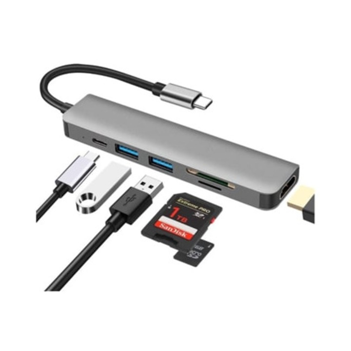 USB C hub 6 az 1-ben, HDMI 4K, SD/TF kártyaolvasó, USB 3.0/2.0, 100W PD, fekete