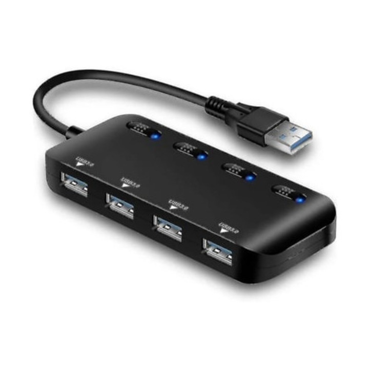 USB 3.0 elosztó, 4 portos, egyedi tápkapcsolóval, fekete, Bestvite