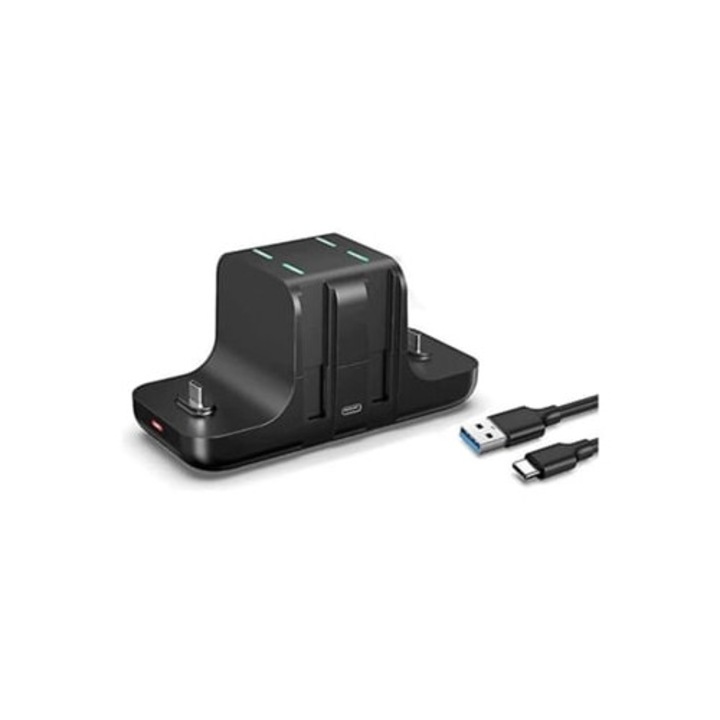 Statie de incarcare 4-in-1 pentru console gaming, cu indicator LED si baza antiderapanta, neagra