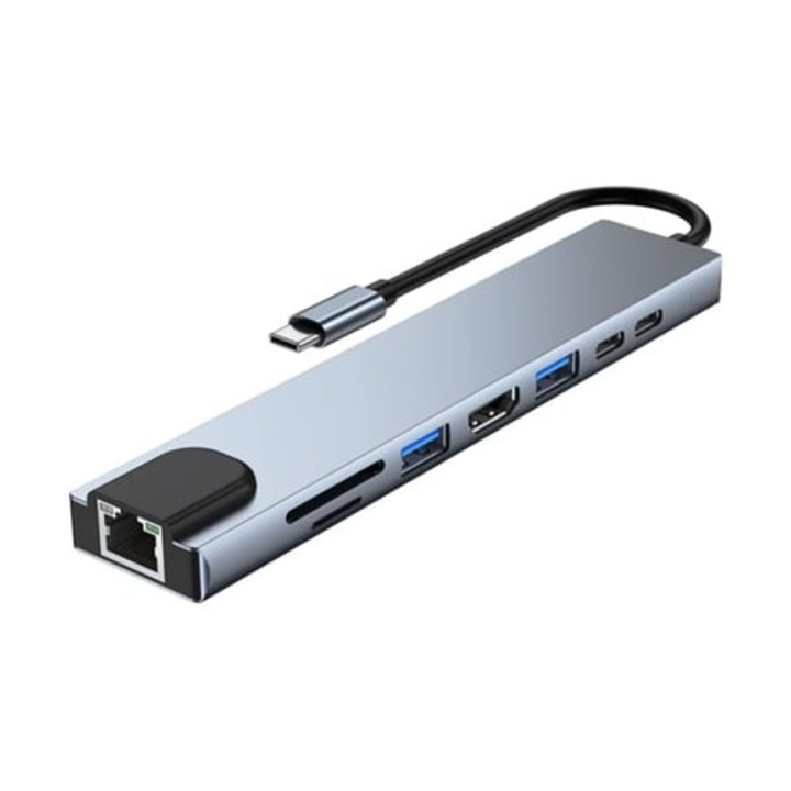 Docking Station 8 in 1, HDMI, USB 3.0, USB C, SD/TF, 4K/30Hz, incarcare PD 100W, gri