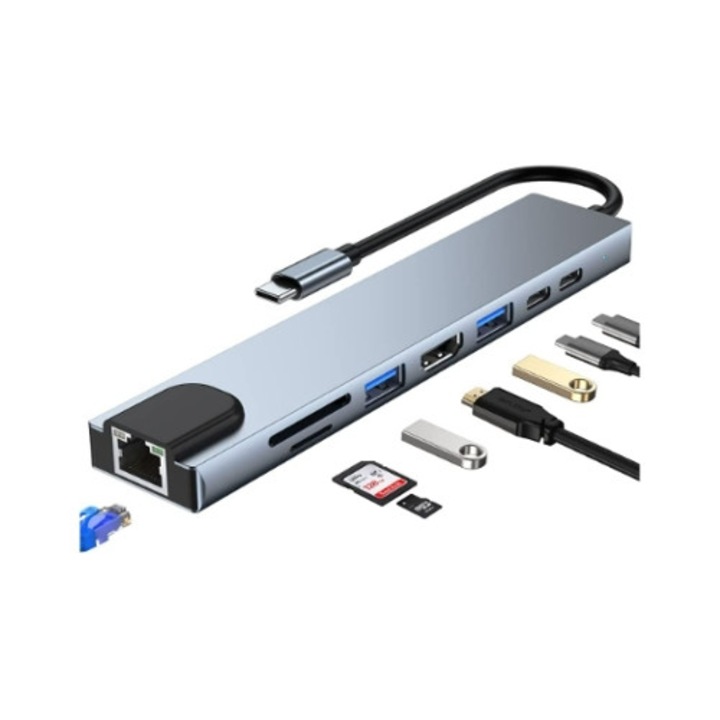 USB-C hub 4 az 1-ben, Ethernet RJ45, HDMI 4K, 100W PD, SD és TF kártyaolvasók, fekete