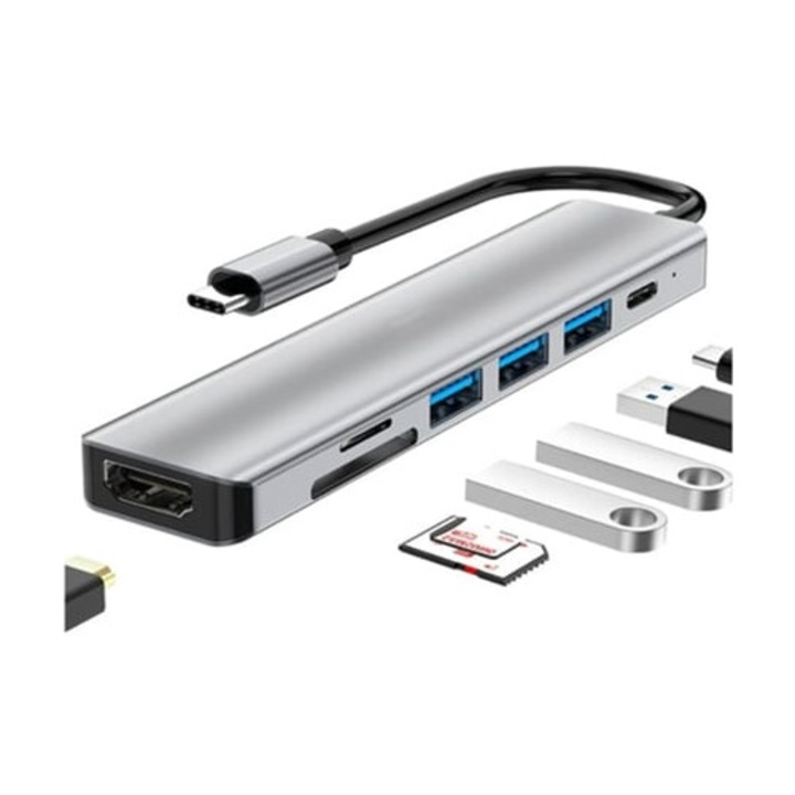 Hub USB C 7-in-1, 100W PD, adaptor 4K HDMI, 1 port USB 3.0, 2 porturi USB 2.0, cititor carduri SD/Tf, gri
