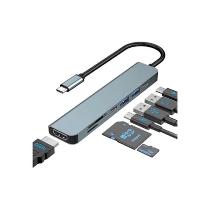 Hub USB C 7-in-1, adaptor multiport cu HDMI 4K, 1 USB-C, 2 USB-A, PD 100W, SD/TF, docking station pentru MacBook Air