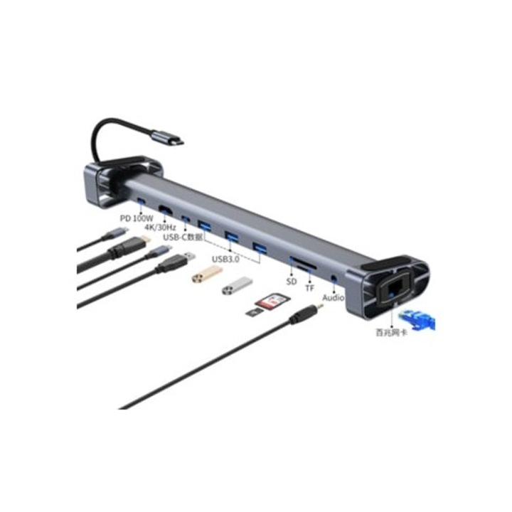 Statie de andocare 10-in-1, USB C 3.0, VGA, USB Aux, gri