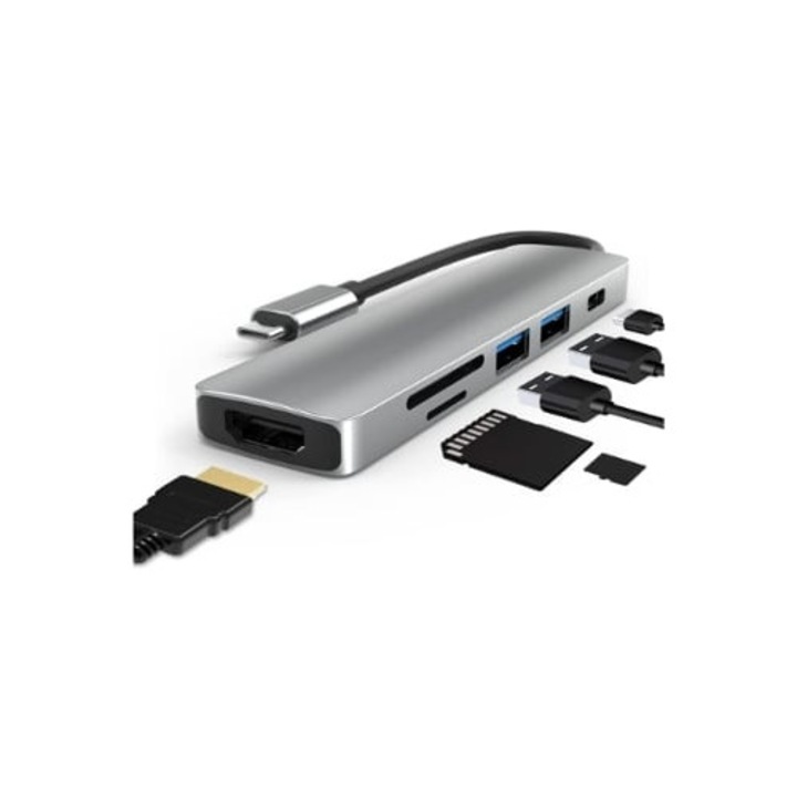 Hub USB C 6 in 1 cu HDMI 4K, 2 USB 3.0, cititor SD/TF, 60W PD, negru