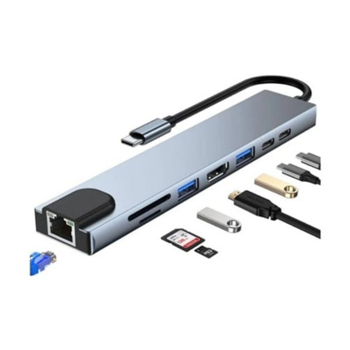 Hub USB-C 8 az 1-ben, ezüst, 2017l