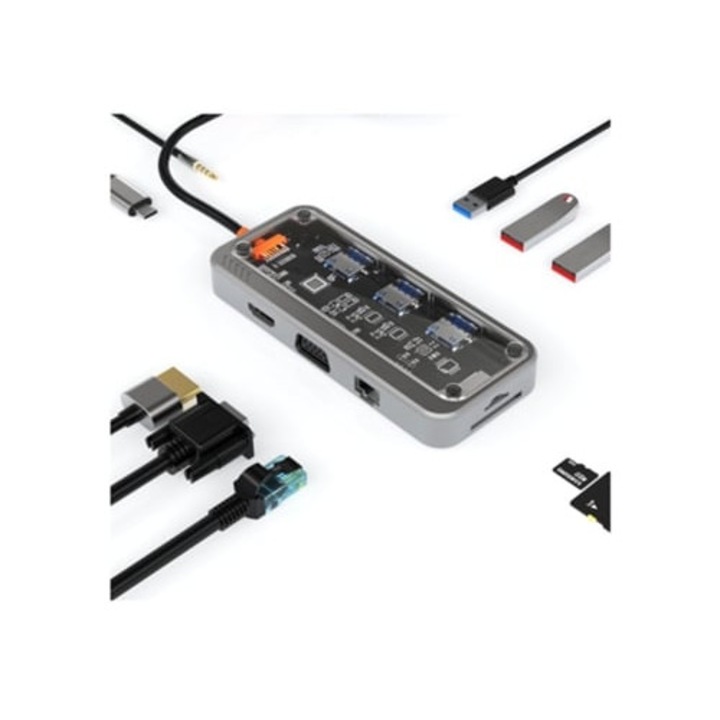 Hub USB C 10 in 1, docking station cu HDMI, 1 USB3.0, 2 USB2.0, RJ45, VGA, PD, SD, TF, audio, Bestvite