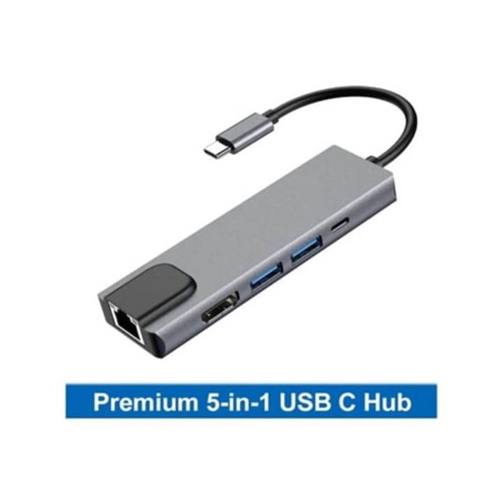 USB C 5 az 1-ben hub Gigabit Ethernet porttal és 4K HDMI-vel, szürke