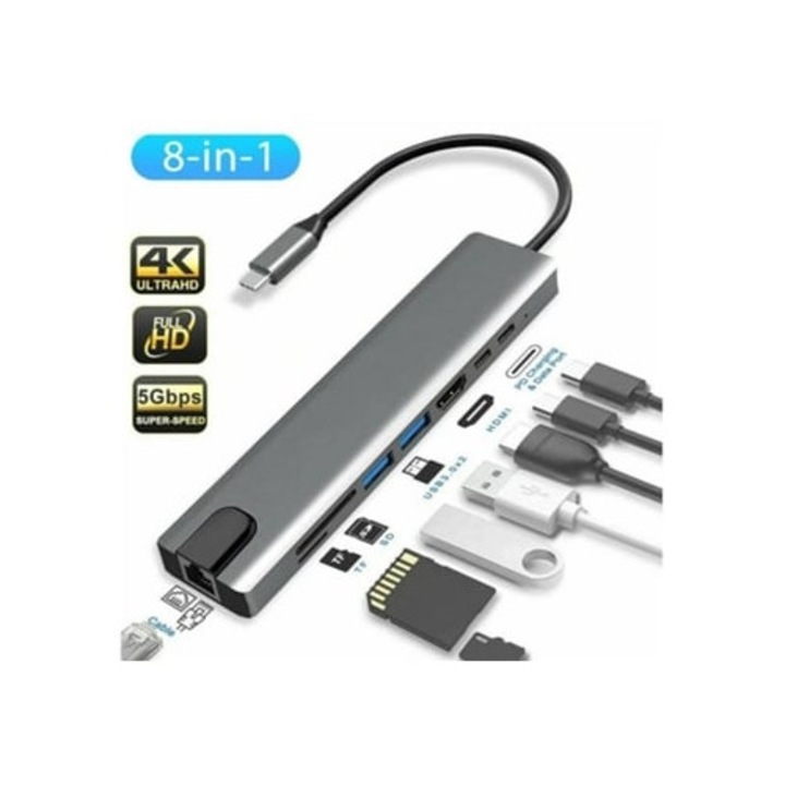 Hub USB C 3.1, 8 az 1-ben, ezüst