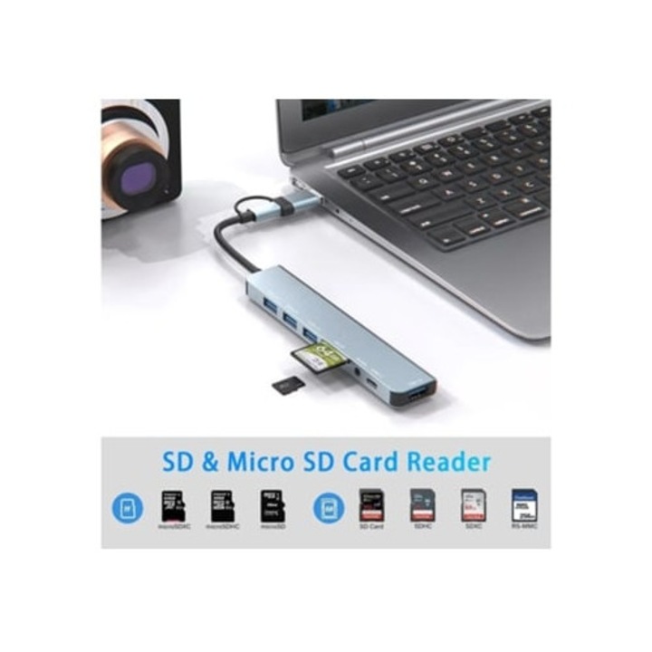 USB-C Hub 8 az 1-ben, 4 USB-A port, SD/TF kártyaolvasó, fejhallgató jack, többszínű