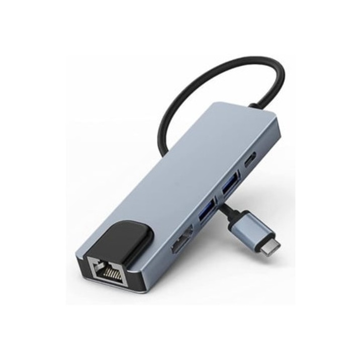 Hub USB C cu Ethernet 6 in 1, 4K HDMI, 2 USB, incarcare USB C PD, gri