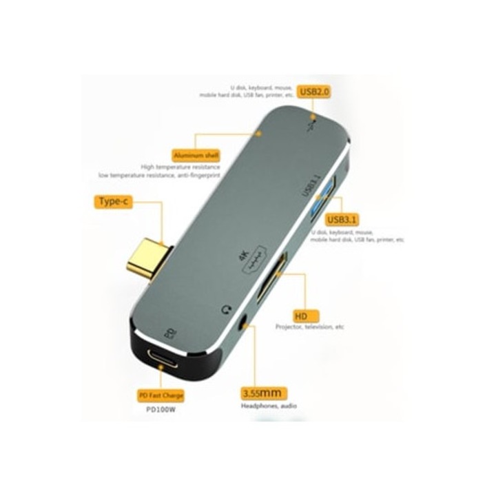 Statie de andocare USB3.0, HDMI, 1 USB2.0, conector audio 3.5mm, gri