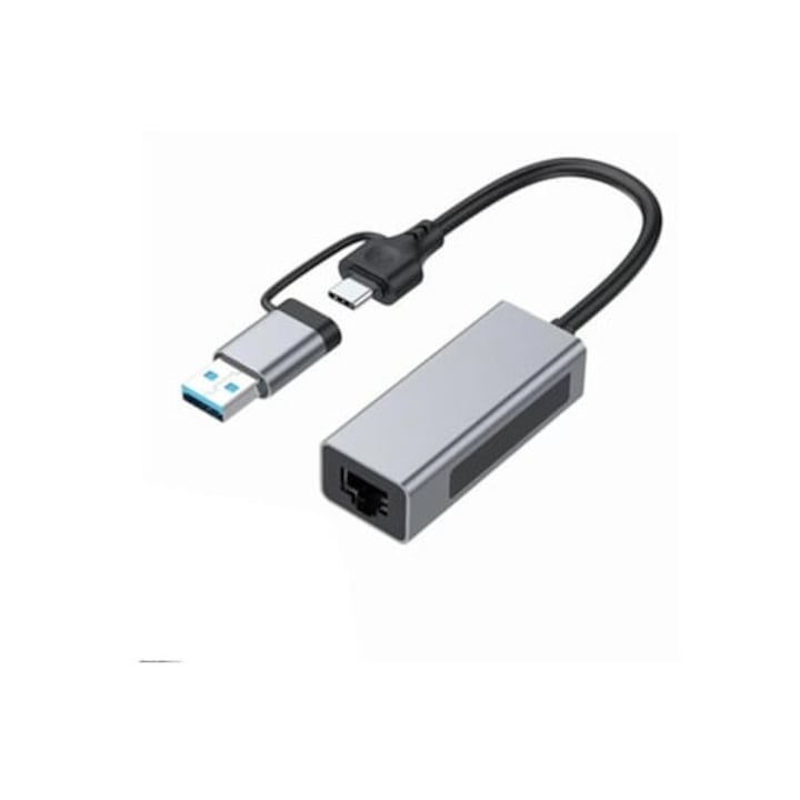 Adaptor retea 2 in 1 USB A/USB C la RJ45, 2.5Gbps, pentru PC si laptop