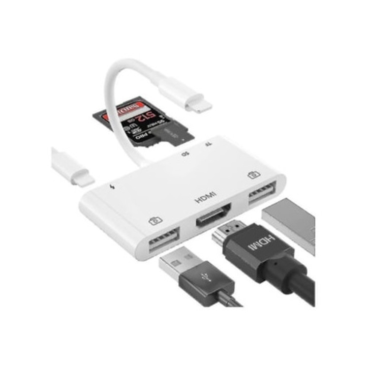 Adaptor HDMI OTG 6 in 1, hub USB, cititor SD/TF, camera USB, alb