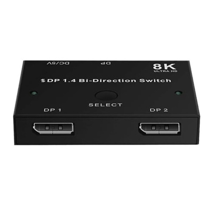Kétirányú kapcsoló, 8k 60hz, 4k 120hz/144hz, 2 bemenet 1 kimenet, Display Port, DP 1.4, fekete