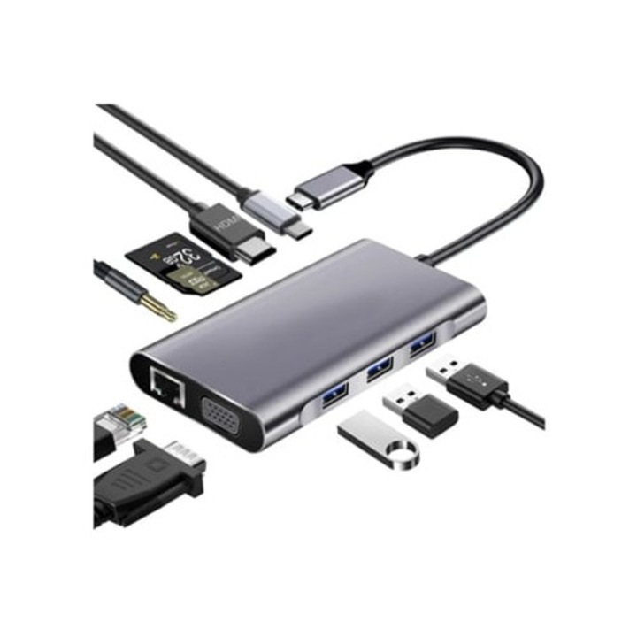 Hub USB C Dual Monitor 10 in 1 cu HDMI 4K, VGA, incarcare PD, Ethernet, gri