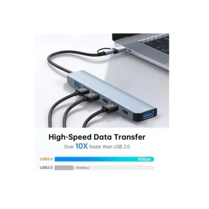 USB C hub 1 az 1-ben, 2 USB C port, 3 USB 3.0 port, 4 USB 2.0 port, hordozható, táblagéphez és laptophoz