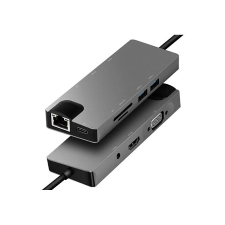 Хъб USB C 9-в-1, HDMI 4K, Gigabit Ethernet, VGA, 3.5mm Аудио, 2 USB 3.0