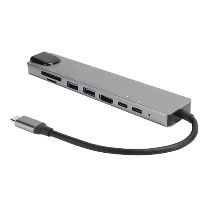 Statie de andocare 8-in-1, hub multimedia, 4K HDMI, USB 3.0, RJ45, cititor de carduri
