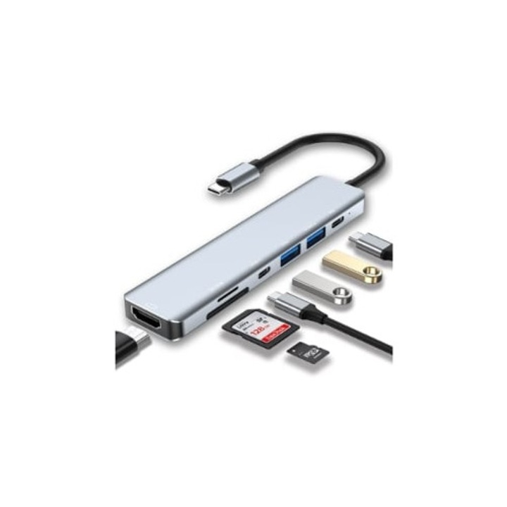 Хъб USB C 7 в 1, 4K HDMI, два USB C, USB 3.0, четец SD/TF, черен