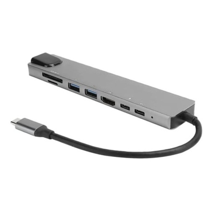 Statie de andocare 8-in-1, adaptor USB C, interfata multimedia, iesire HDMI 4K, porturi USB 3.0, aluminiu