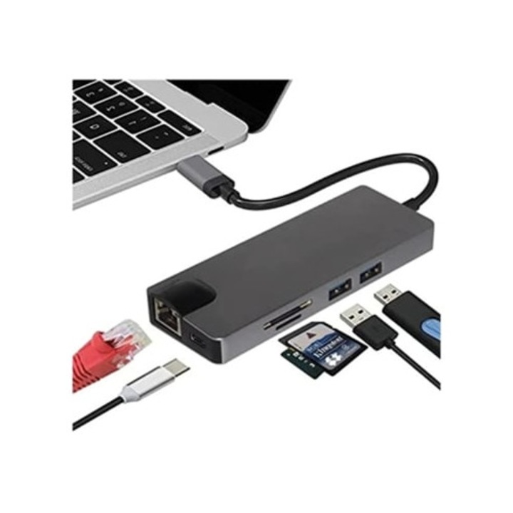 Hub USB Type C 8 az 1-ben, RJ45 1000m Ethernet, HDMI 4K, VGA, 2 USB 3.0, SD/TF