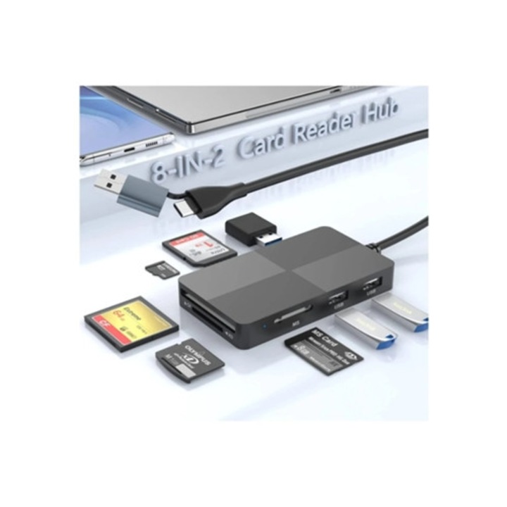 Четец за карти USB 3.0 Hub 8 в 2 за няколко вида карти памет, многоцветен