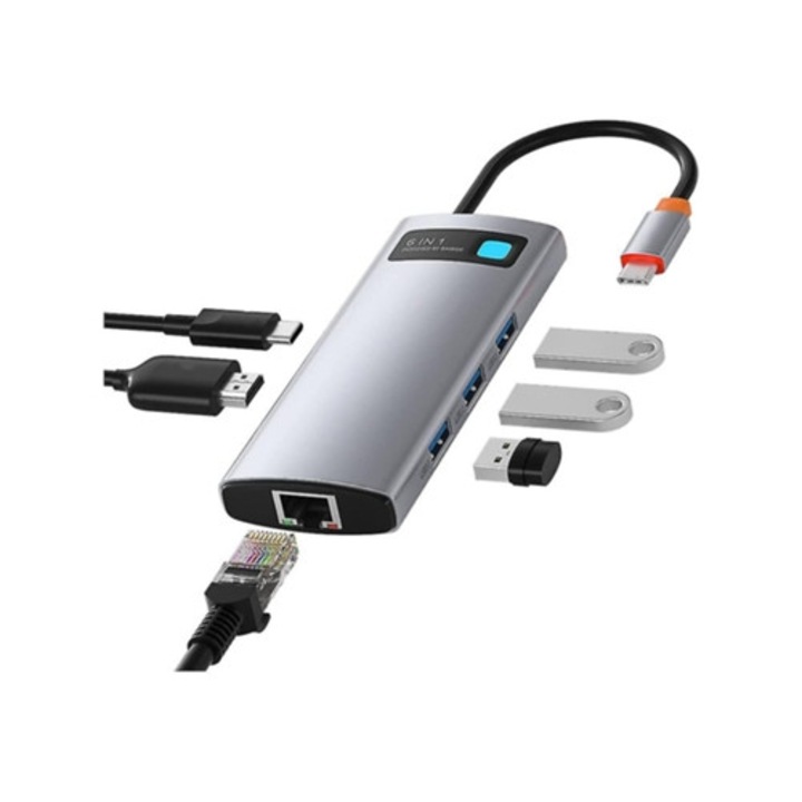 USB C elosztó 6 az 1-ben, 4K HDMI, Ethernet RJ45 1Gbps, 100W PD, 3 USB A 3.0, szürke